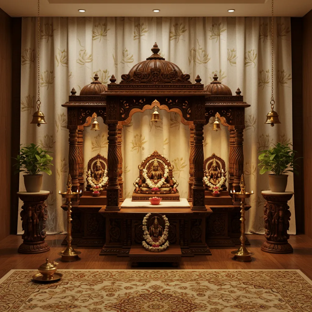 Traditional embroidered curtain with lotus patterns for pooja room