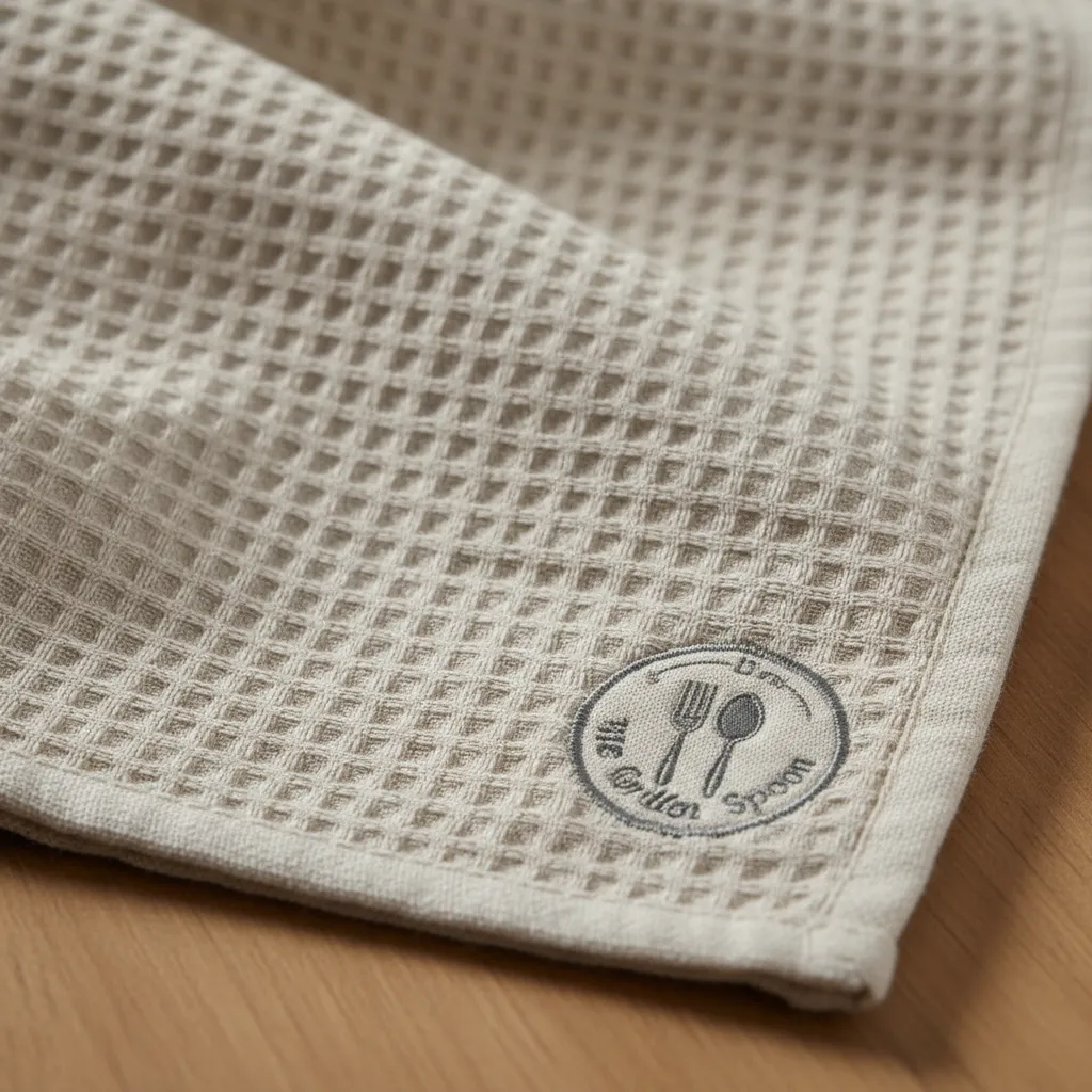 Close up of embroidered logo on cotton restaurant kitchen towel
