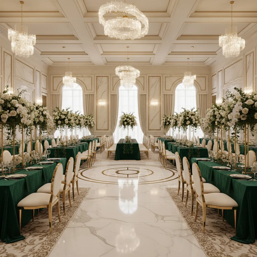 emerald green luxury banquet hall decor with gold accents