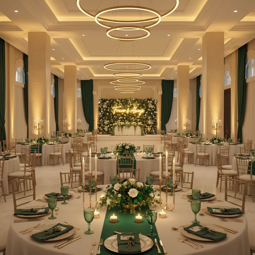 Warm uplighting highlighting emerald decor in banquet hall