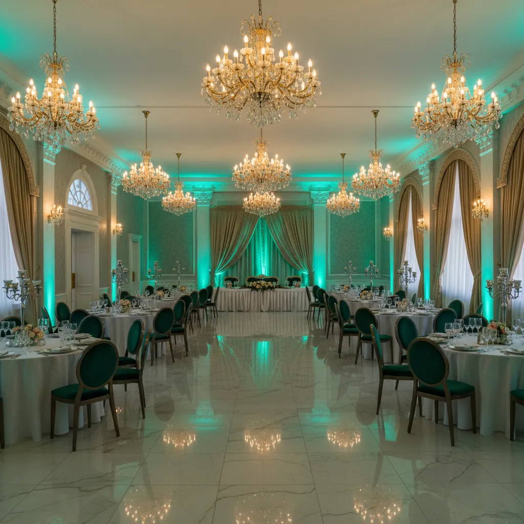 banquet hall with emerald lighting uplights and chandelier reflections