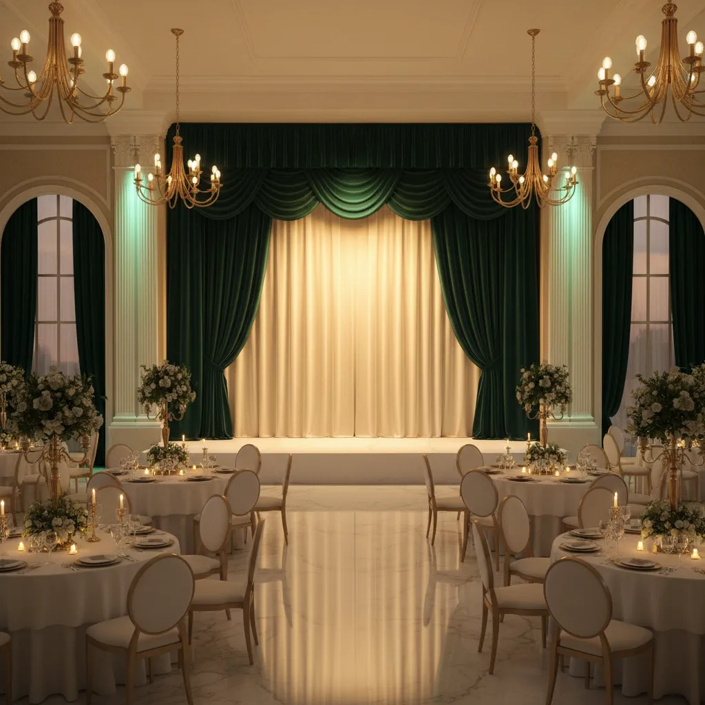 Banquet hall with emerald uplighting and stage backdrop