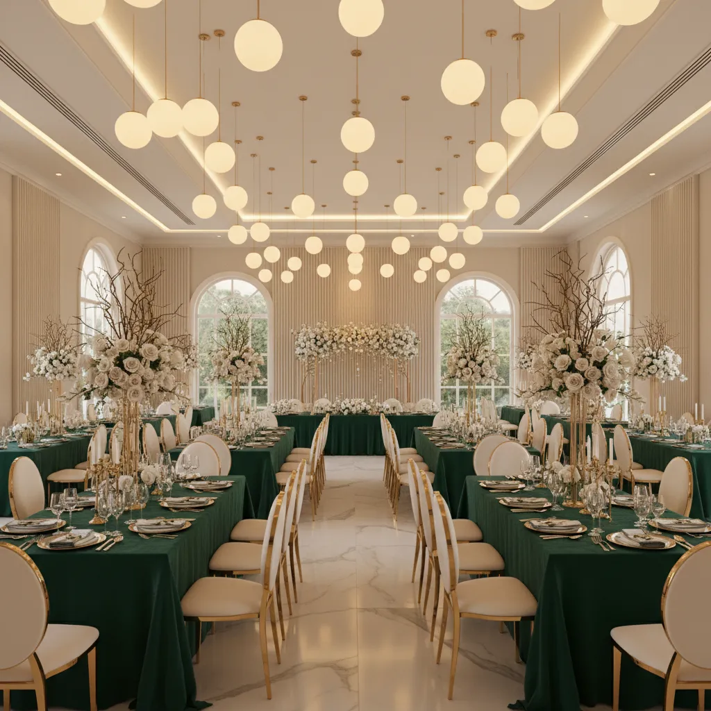 Banquet hall decorated with emerald green table settings and neutral accents