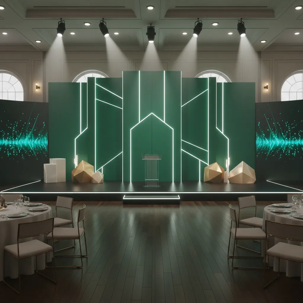 corporate event stage with emerald backdrop and modern lighting design