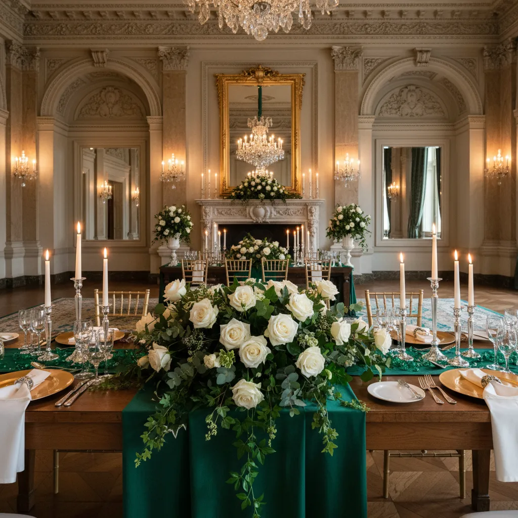 Emerald floral arrangement and fabric coordination in banquet decor