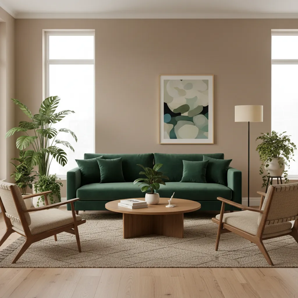 emerald green sofa with beige decor and wood furniture