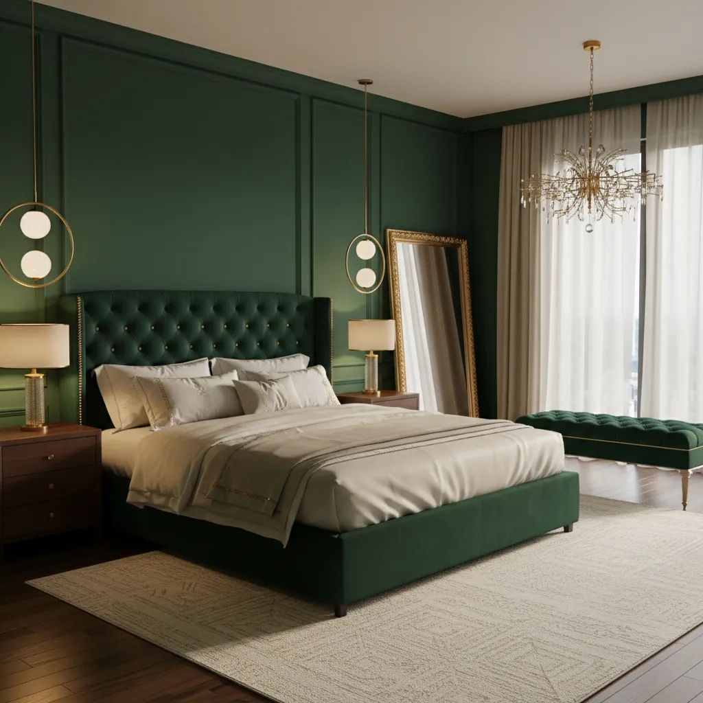 Luxurious emerald green master bedroom with gold accents and elegant decor