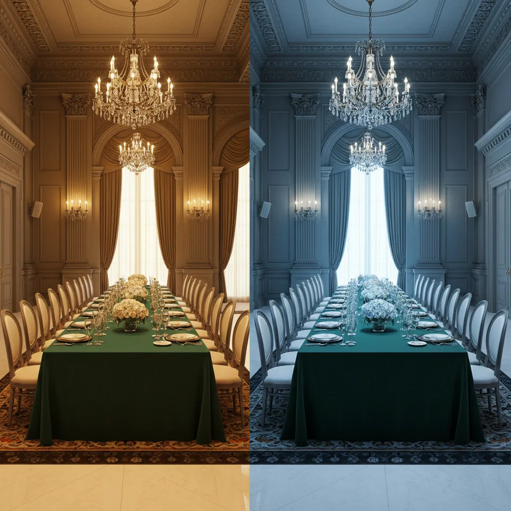 Lighting variations affecting emerald green decorations in banquet hall