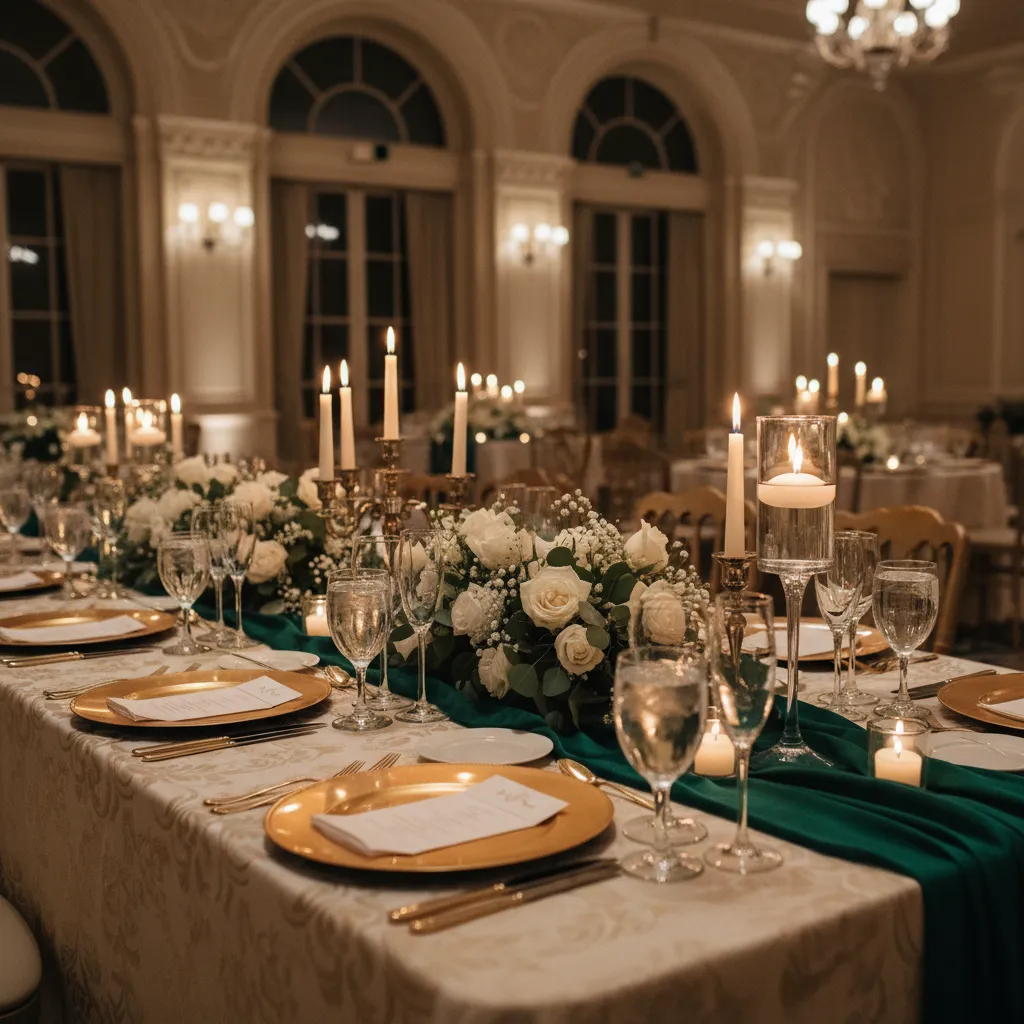 Emerald table setting with gold chargers and ivory napkins