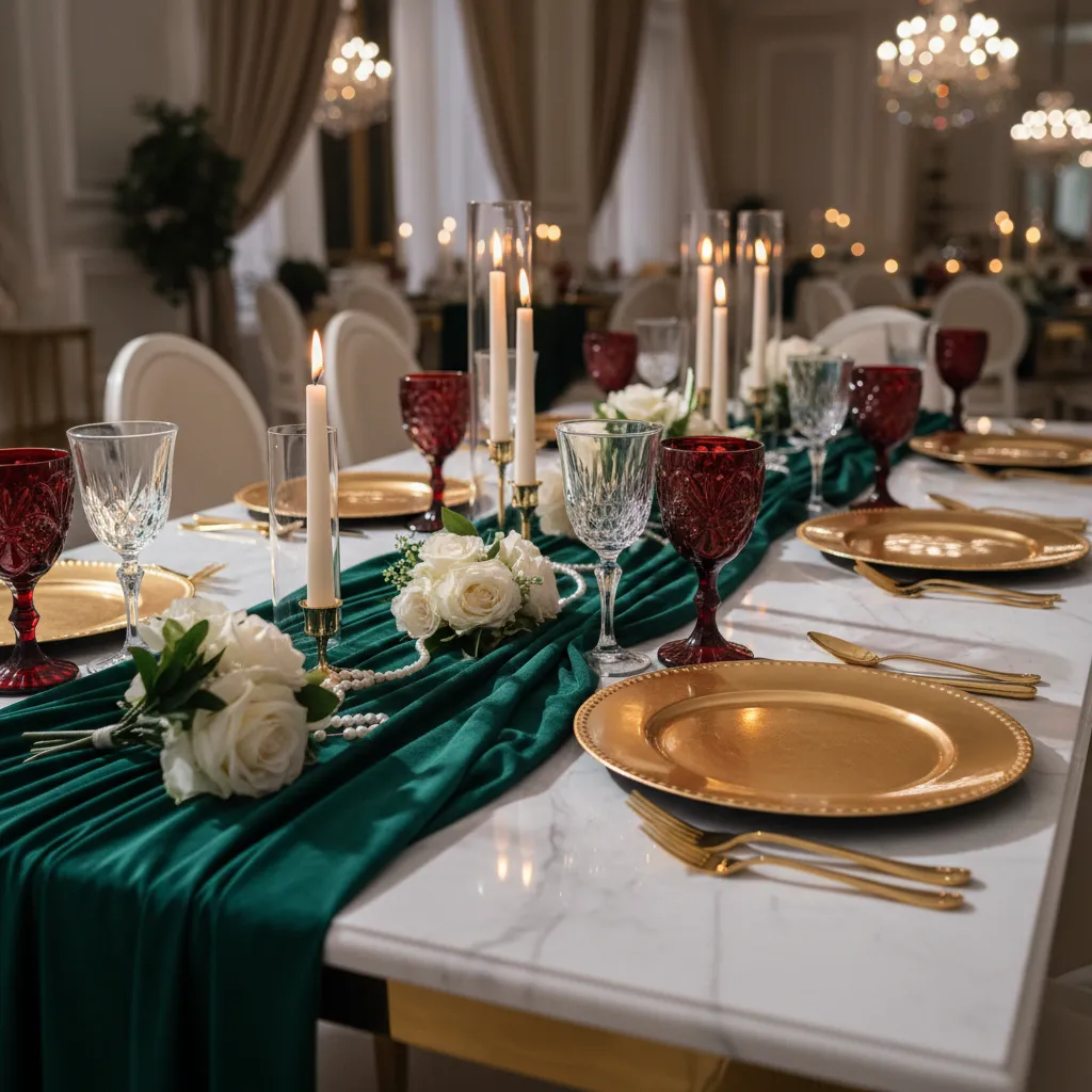 emerald velvet table runner with gold plates and glass decor