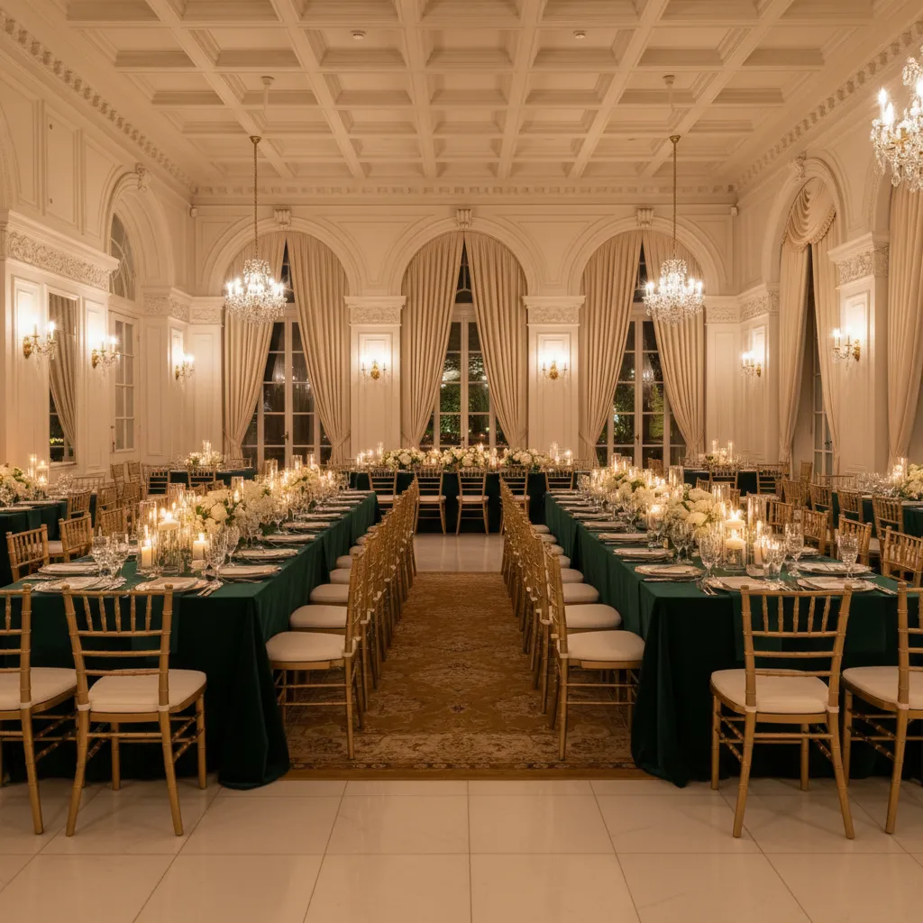 emerald green wedding banquet tables with gold chairs and floral centerpieces