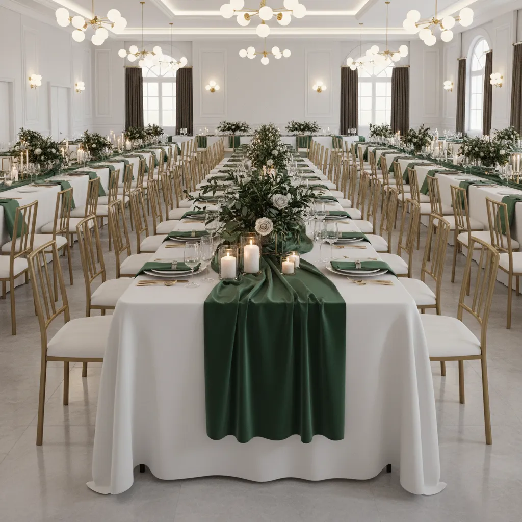 Banquet tables with emerald runners, gold accents, and greenery centerpieces