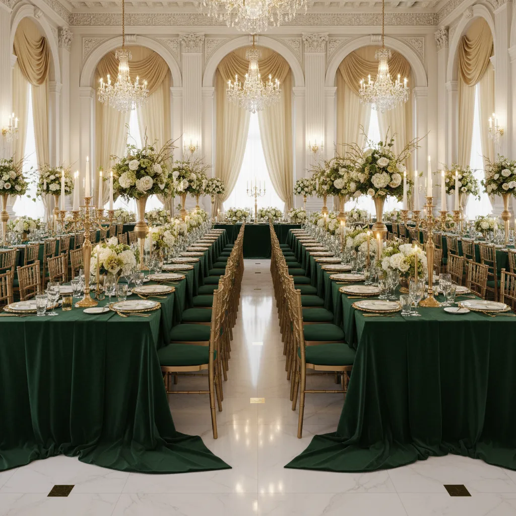 Emerald green banquet tables with gold centerpieces and candles