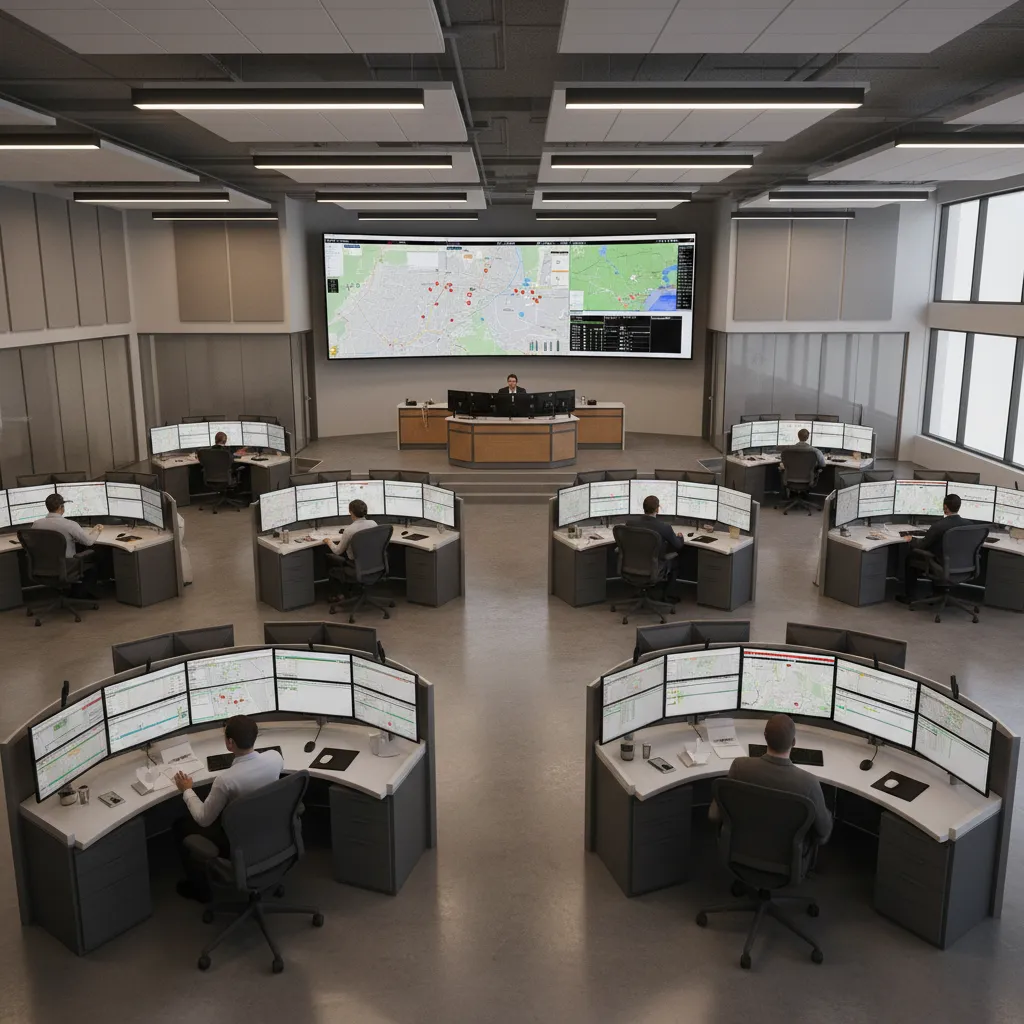 Emergency services dispatch center with clustered operator pods and supervisor desk