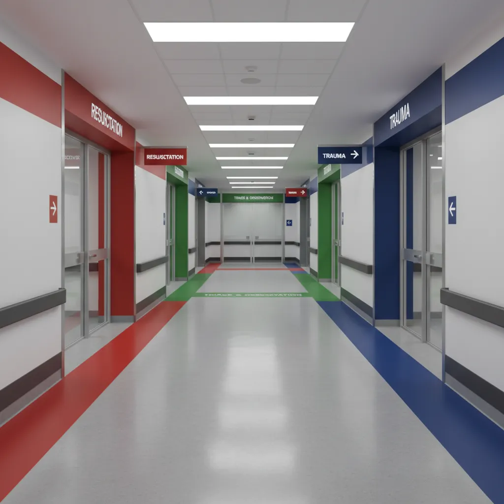 Hospital emergency department corridor with color coded zones