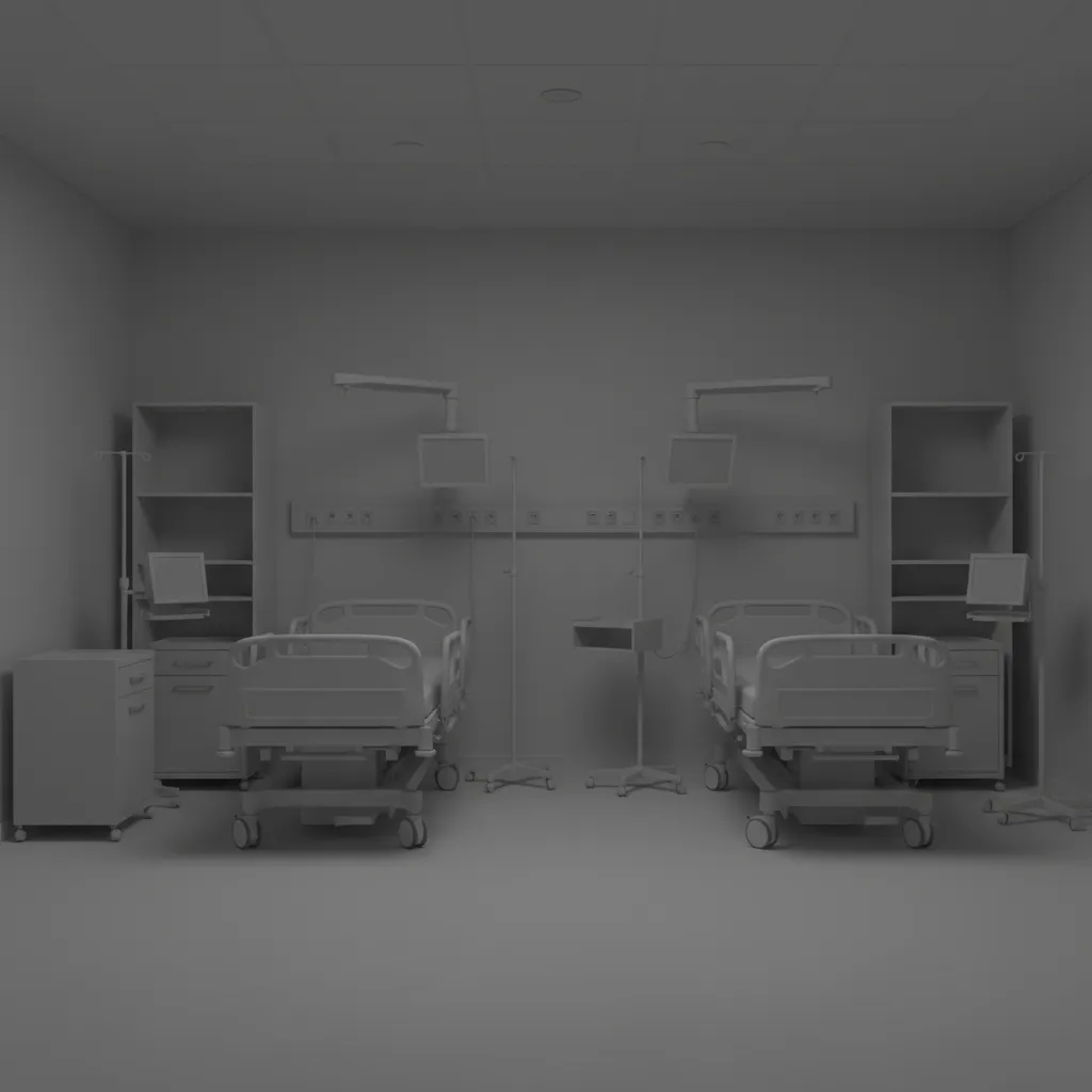 Emergency room interior with overly neutral gray colors causing poor visibility