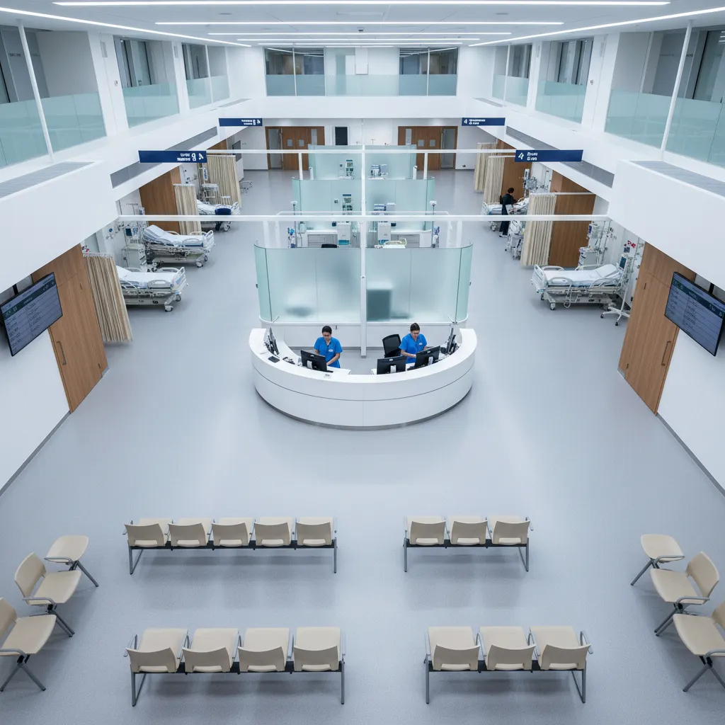 Emergency department layout showing triage, treatment bays, and patient circulation paths