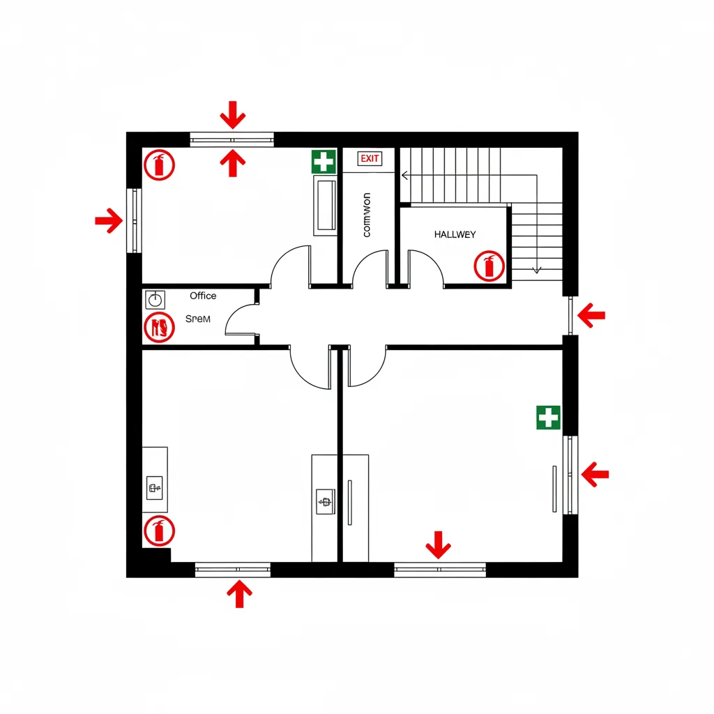 floor plan diagram with emergency safety symbols like fire extinguisher and exit icons