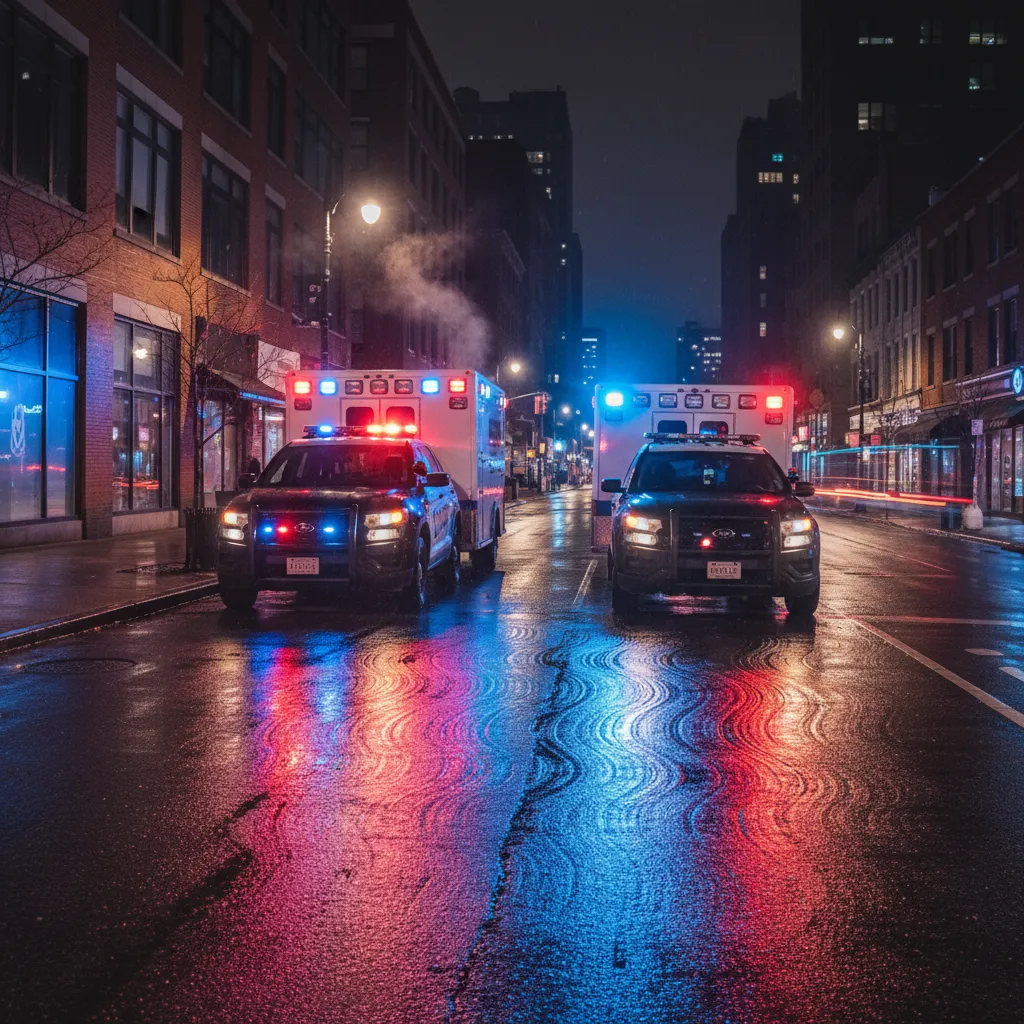 Police and emergency vehicles displaying red and blue flashing lights at night