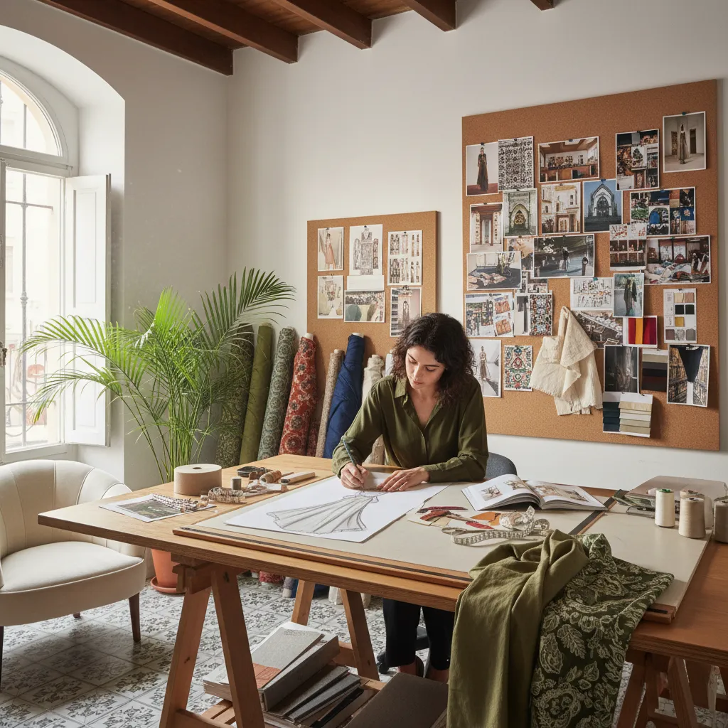 Diseñador joven trabajando en bocetos de moda dentro de un estudio creativo