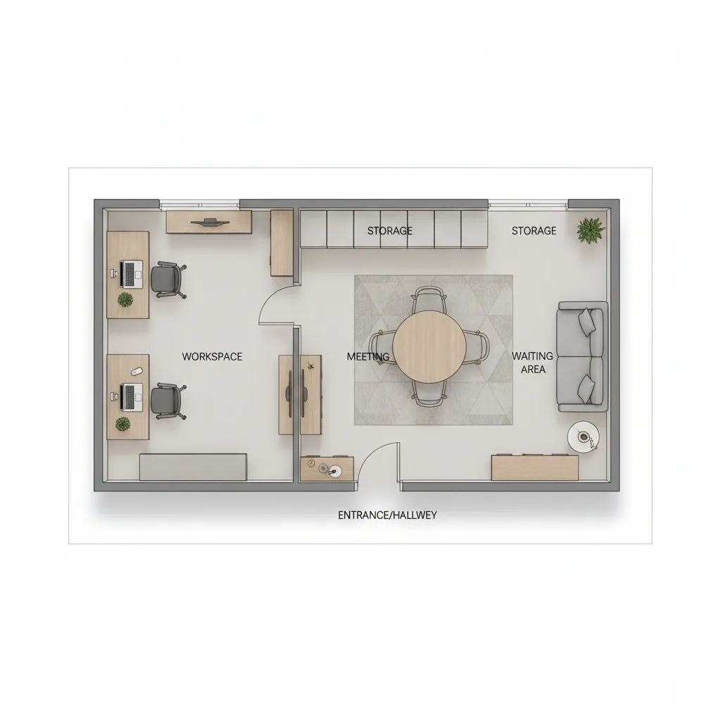 Plano simple de un pequeño espacio de trabajo dividido en zonas funcionales