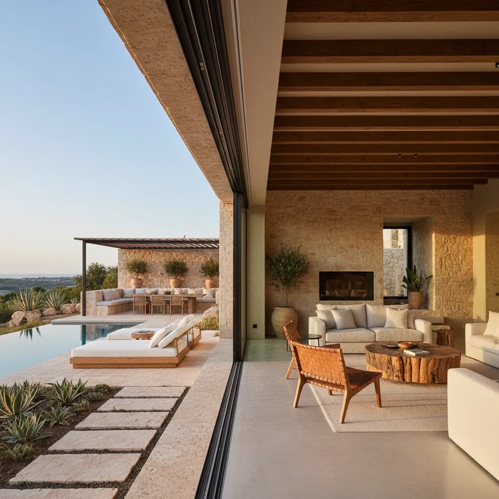 Luxury stone house living room with wood ceiling opening to swimming pool and outdoor dining