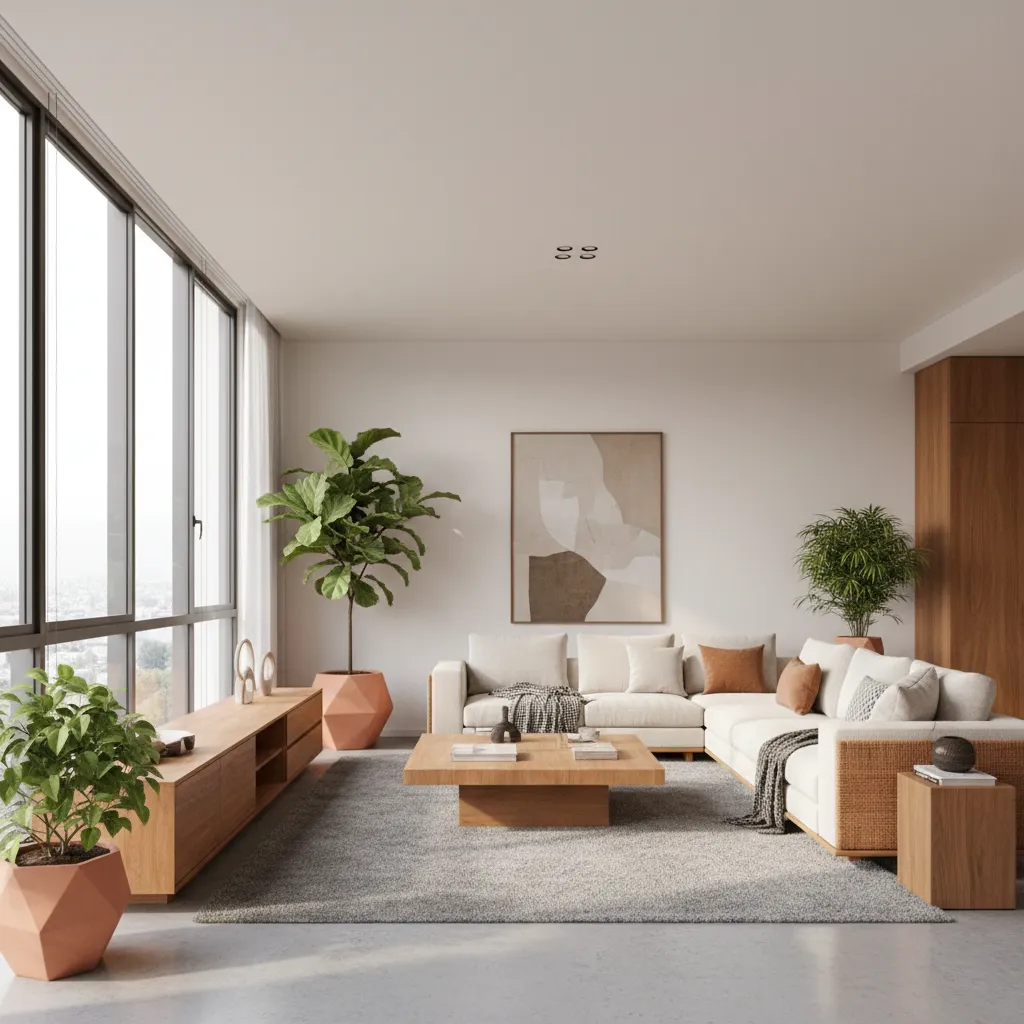 Modern living room featuring white sofa wooden coffee table grey rug indoor plants and windows