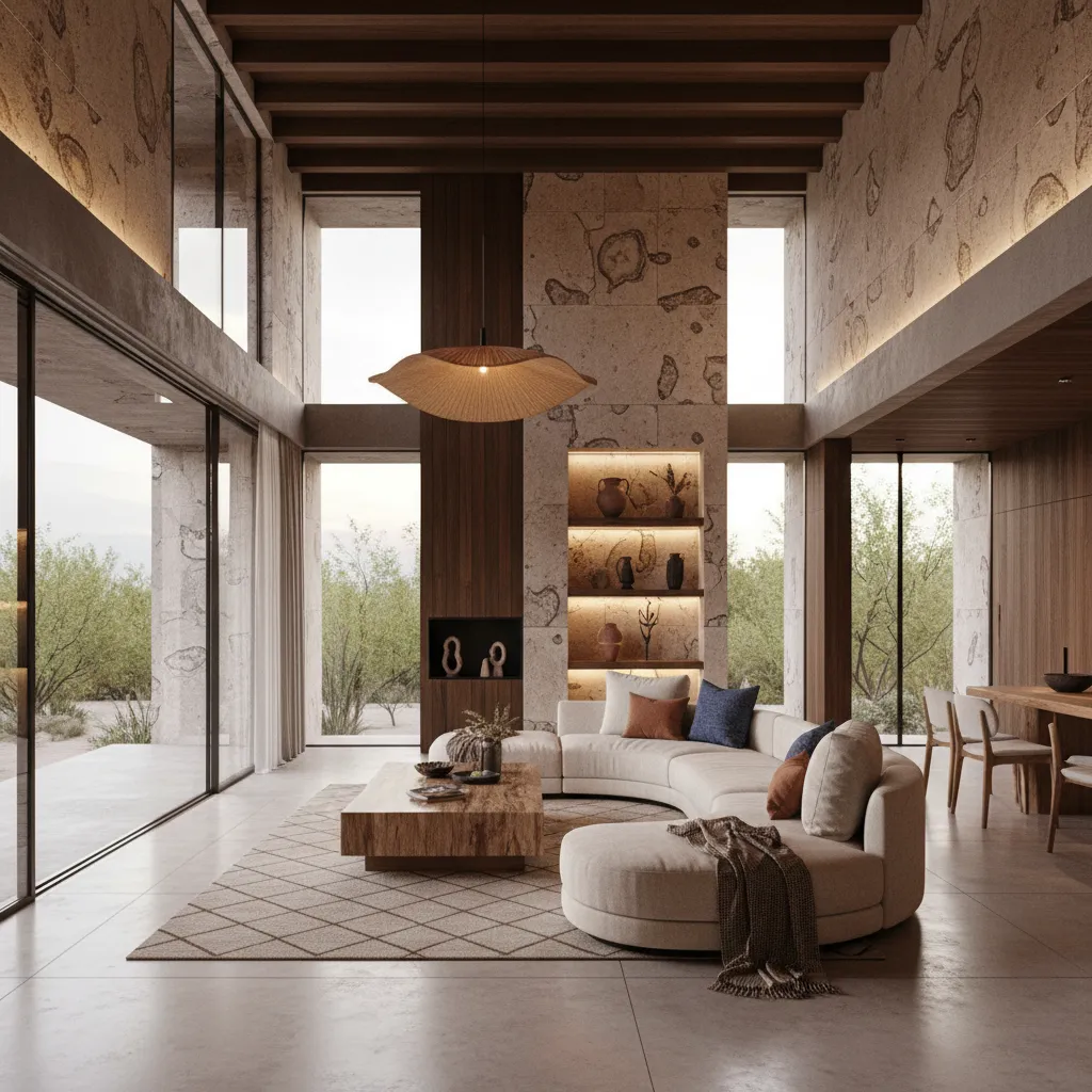 Modern living room with stone walls wooden beams curved sofa large windows and ceiling light