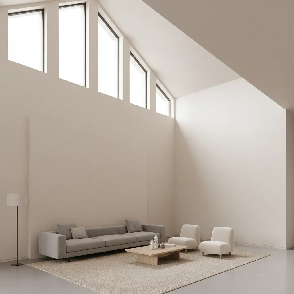 Living room with vaulted ceiling and large empty wall above sofa