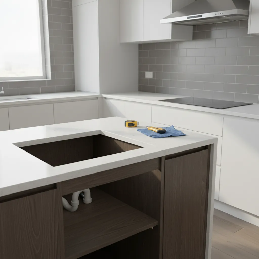 Empty hole in a white kitchen island countertop with measuring tape and a utility knife
