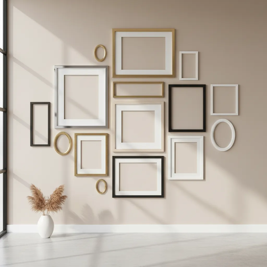 Modern gallery wall layout with layered empty frames in different sizes