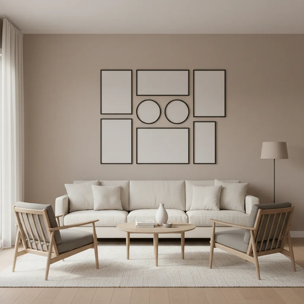 Living room wall styled with multiple empty frames above a sofa