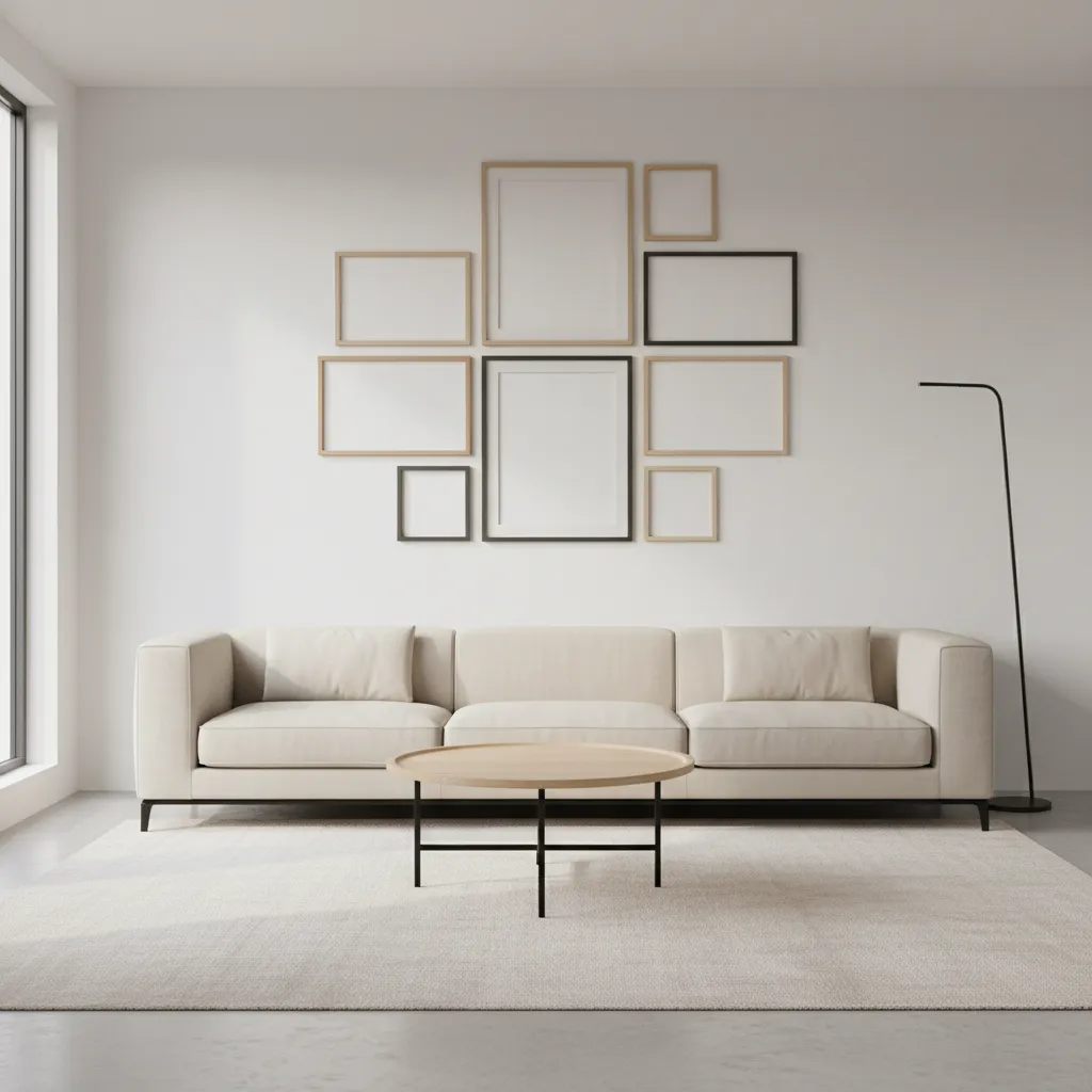 Minimalist living room wall featuring empty frames arranged above a sofa
