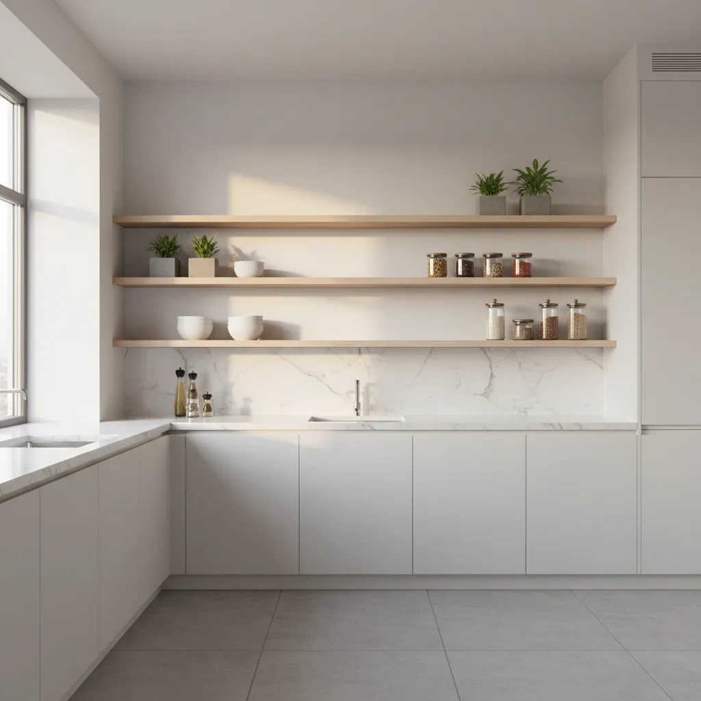 Minimalist kitchen with white cabinets, wooden shelves, marble backsplash, small plants, and bright natural light