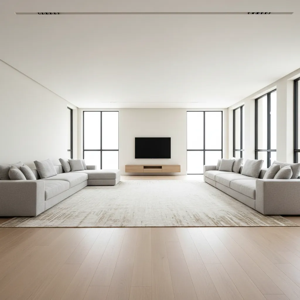 Large living room with furniture pushed against walls leaving empty center