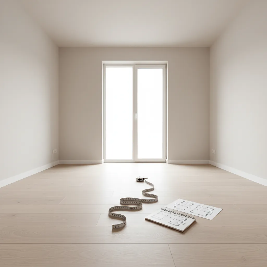 empty room with measuring tape and floor planning sketch for interior design