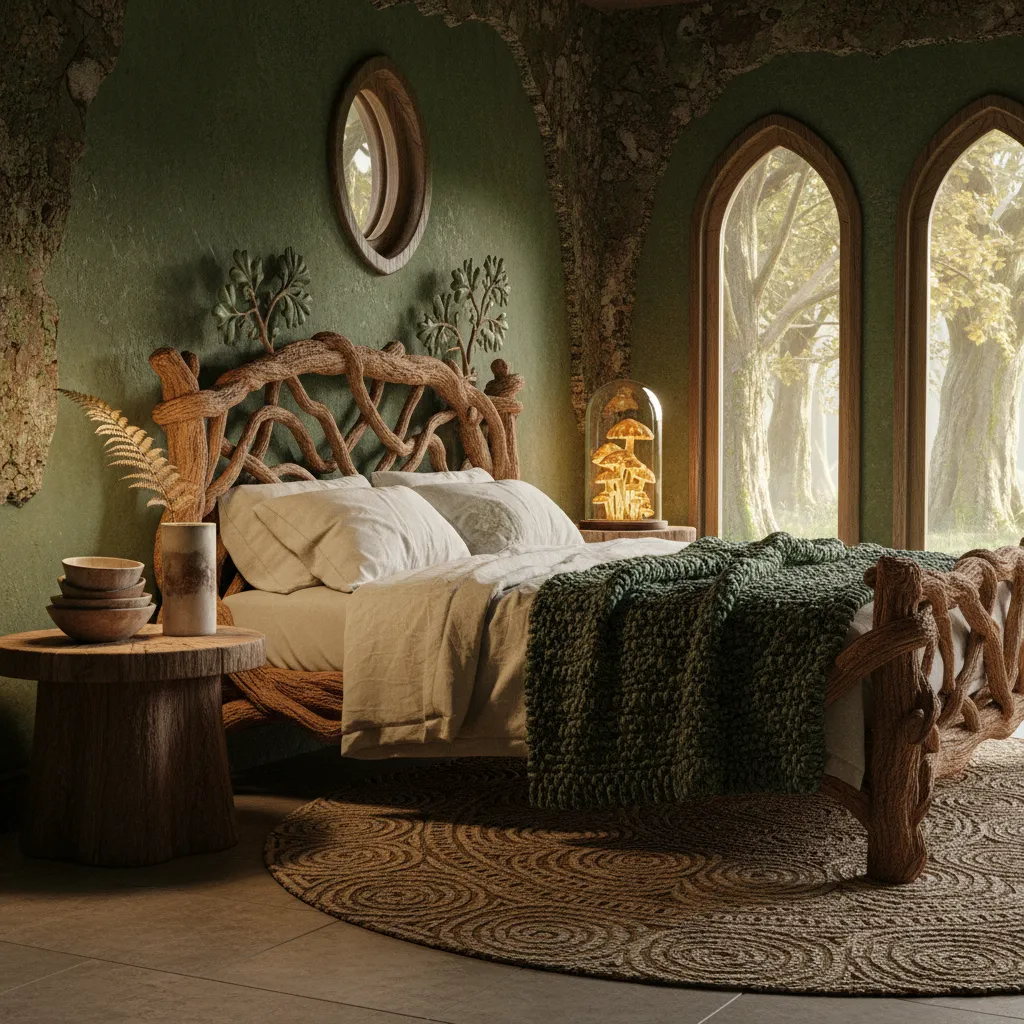 Natural wood, linen bedding and warm lighting in forest themed bedroom