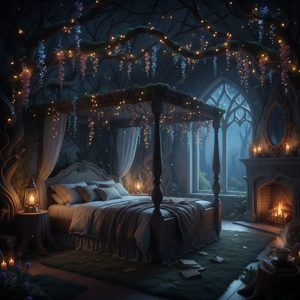 enchanted forest bedroom night lighting with fairy lights and lanterns glowing softly