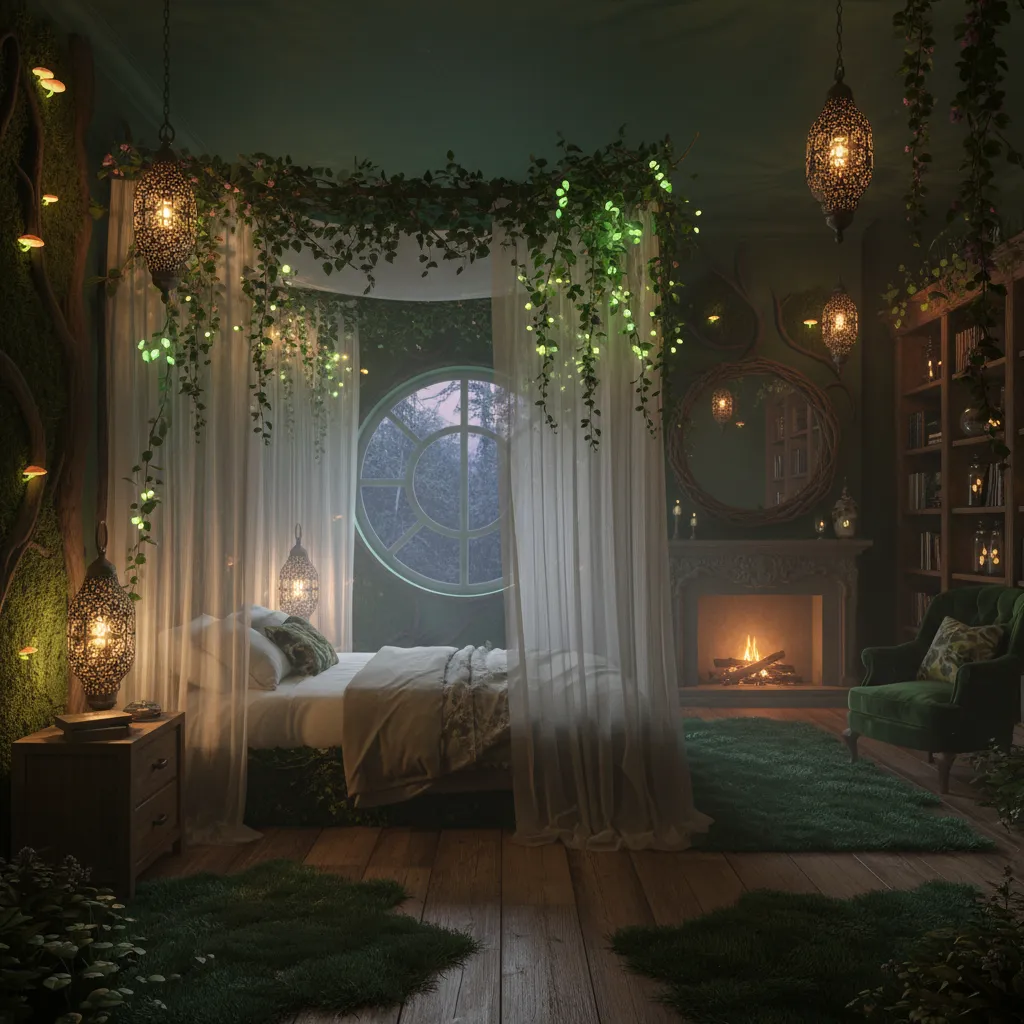Enchanted forest bedroom with vines canopy bed and warm lantern lights