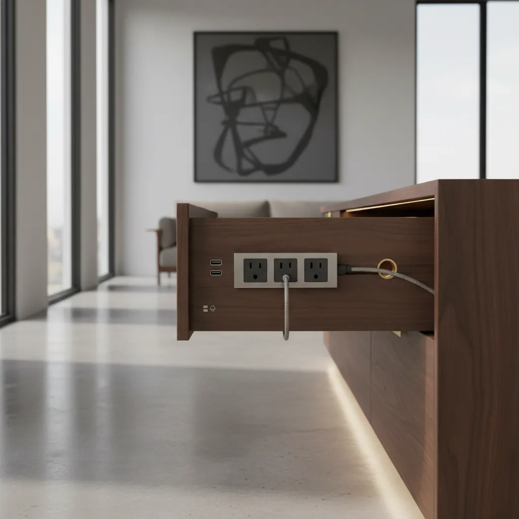 Enchufe oculto integrado dentro de un cajón de mueble moderno