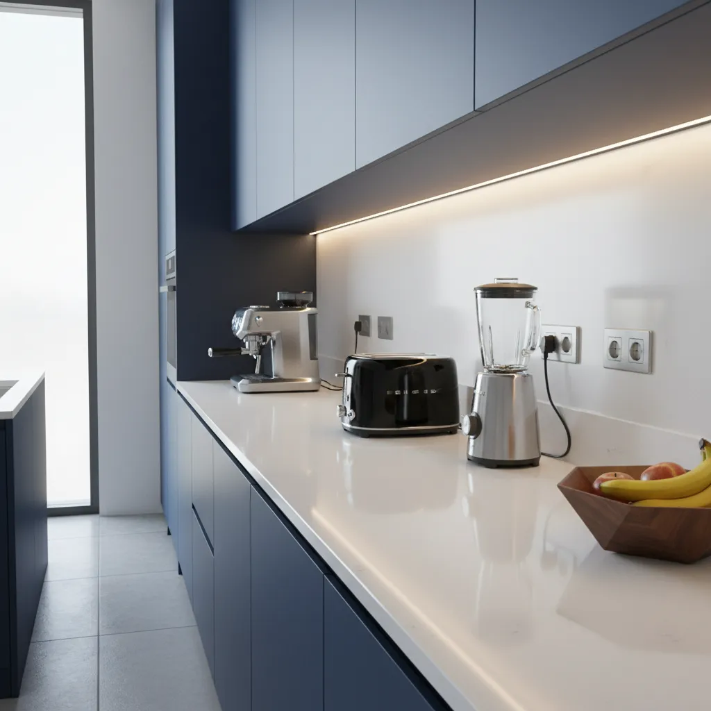Cocina moderna con múltiples enchufes para electrodomésticos
