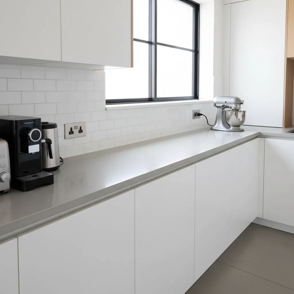 Enchufes eléctricos instalados en encimera de cocina moderna