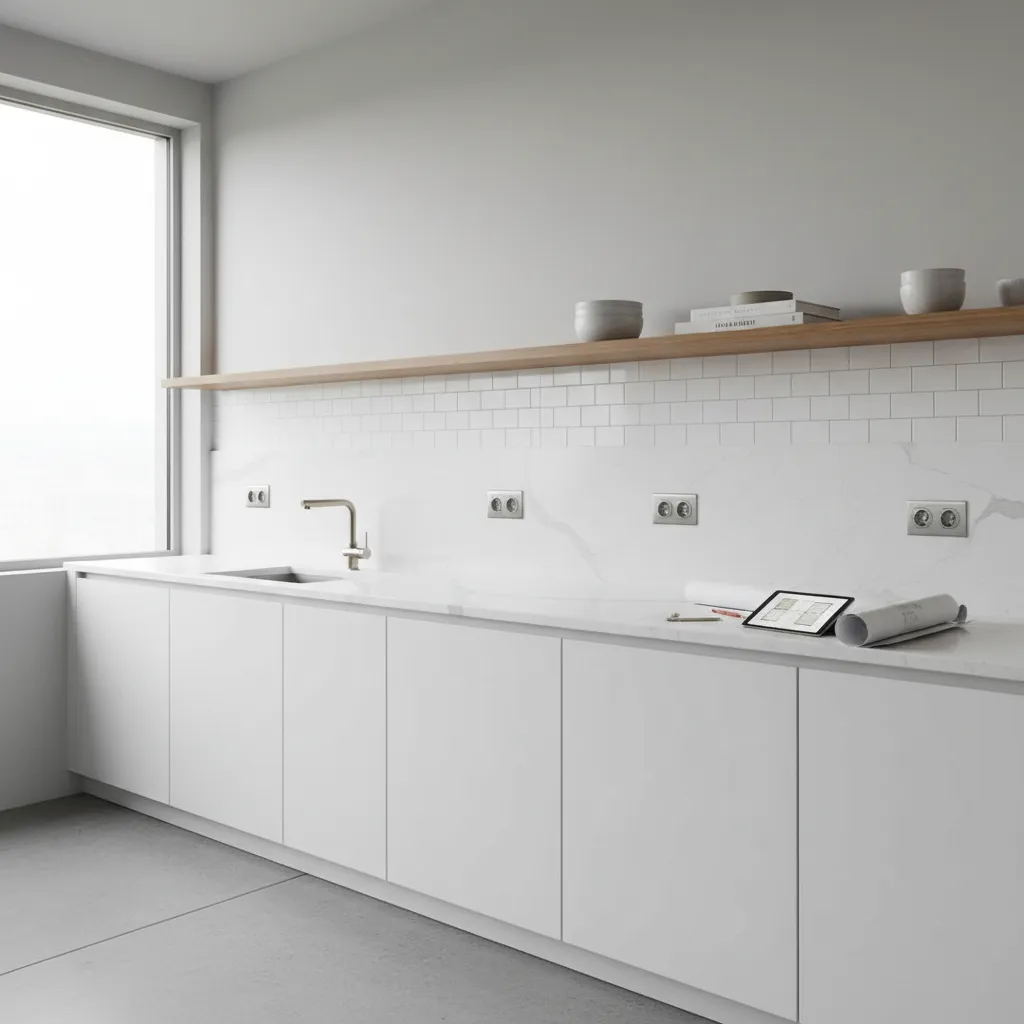 White kitchen with white cabinets marble countertop and four wall outlets under a wooden shelf