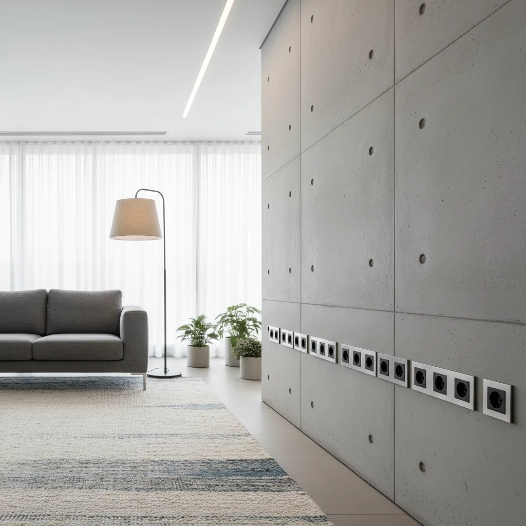 Distribución de enchufes en la pared de un salón moderno