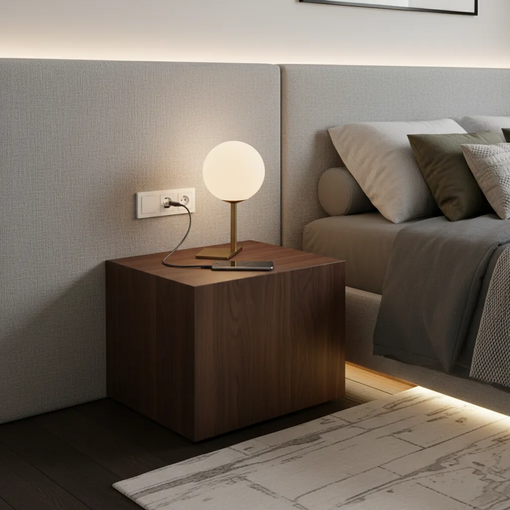 Enchufes colocados junto a una mesilla de noche con lámpara y cargador
