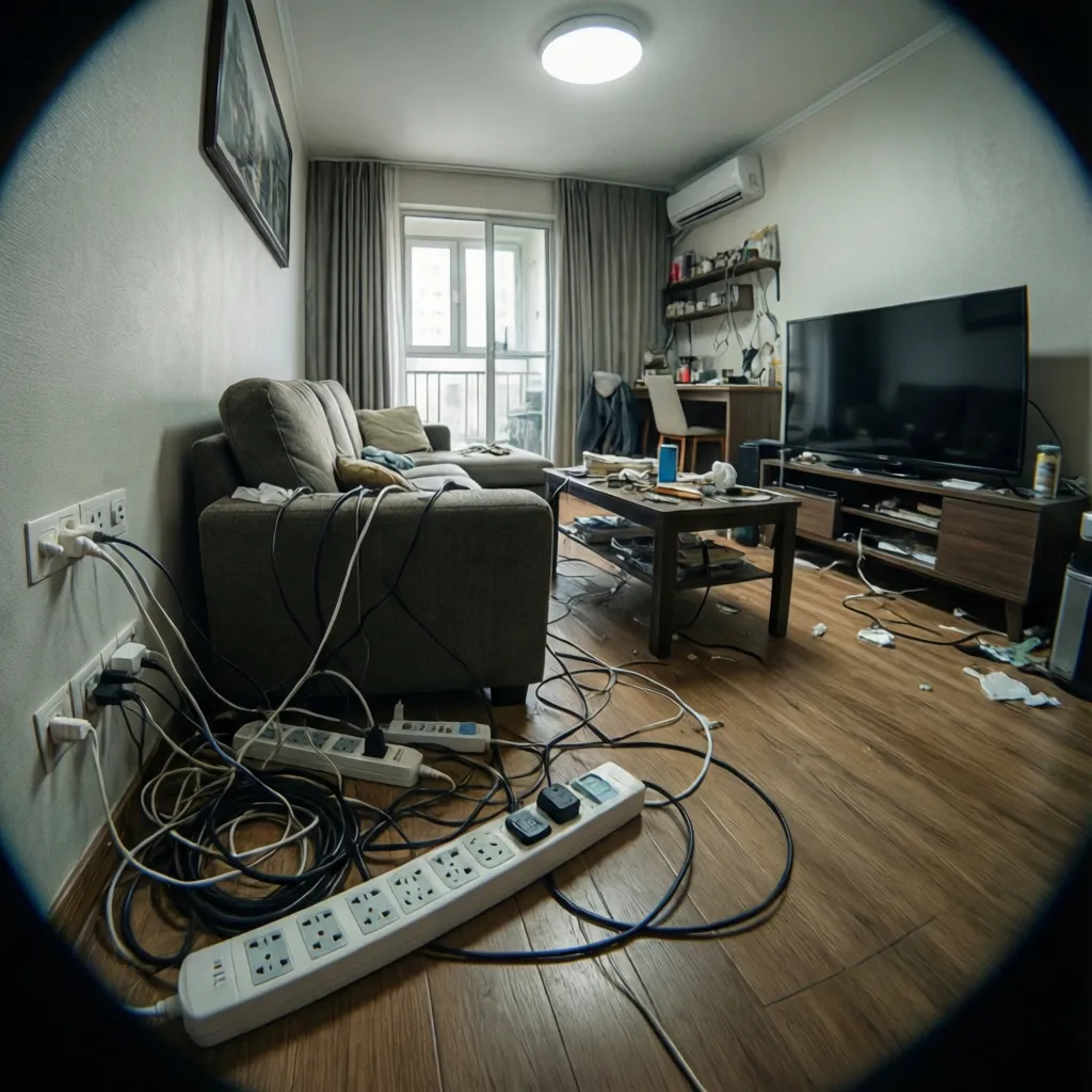 Messy living room with many tangled power cords on floor near grey sofa and table