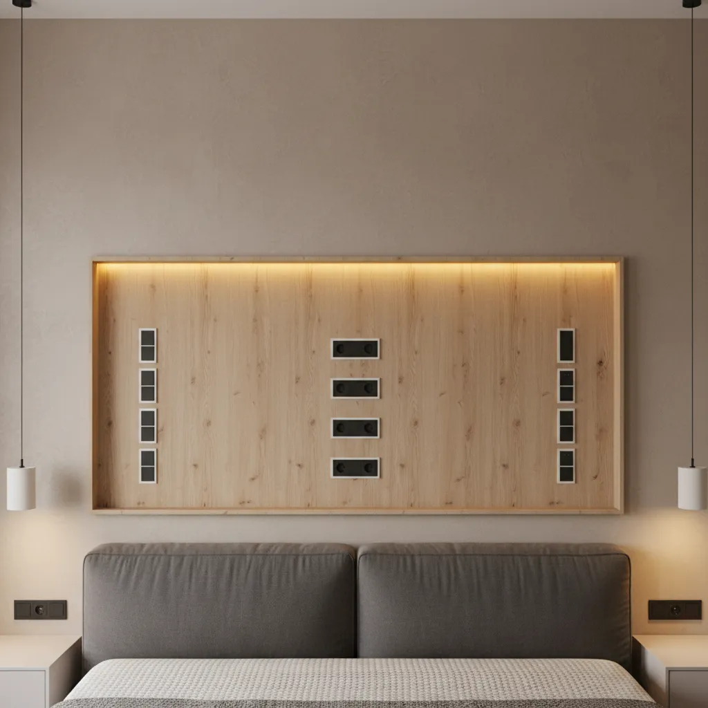 Enchufes modernos instalados en pared de dormitorio contemporáneo