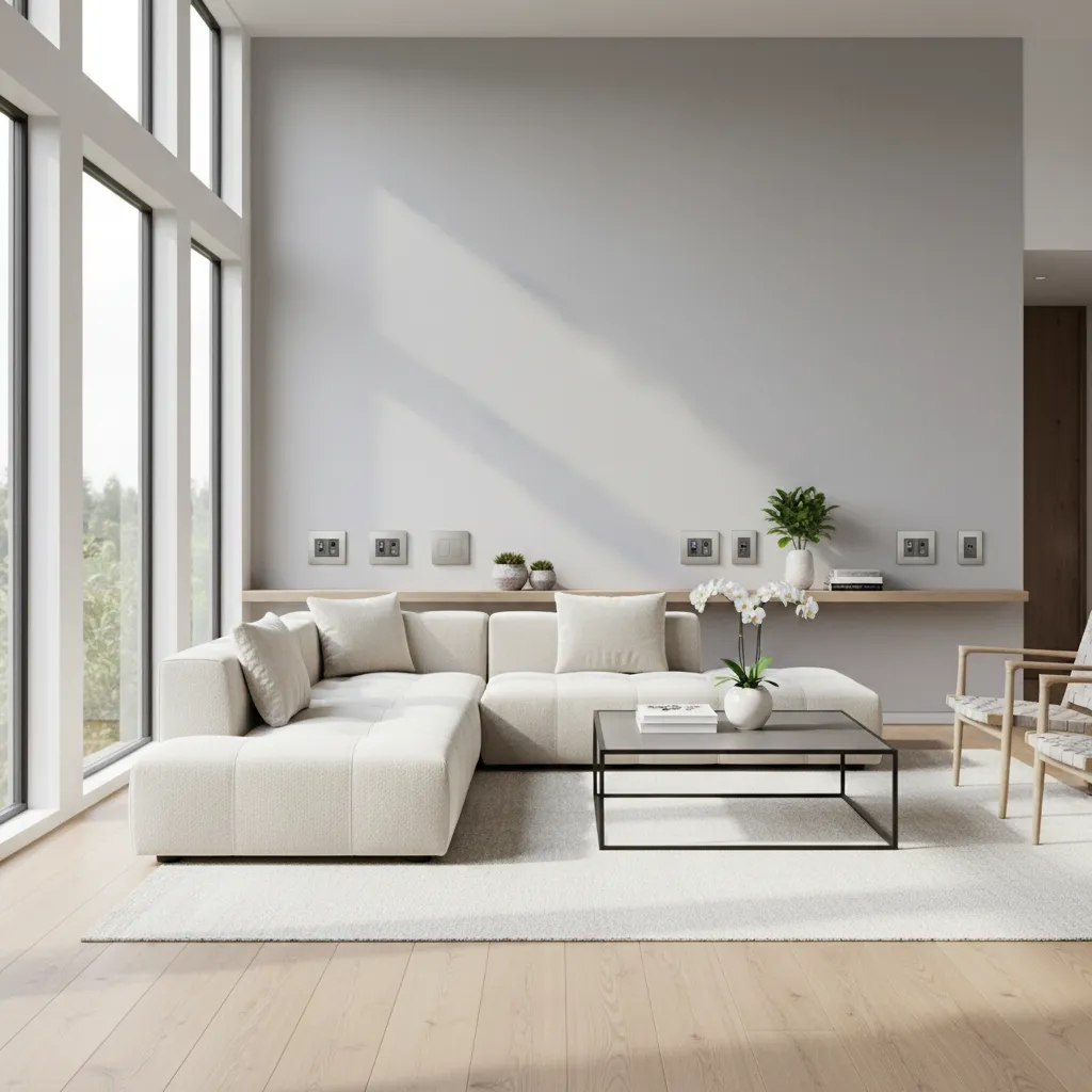 Zona de salón moderno con múltiples enchufes cerca del sofá