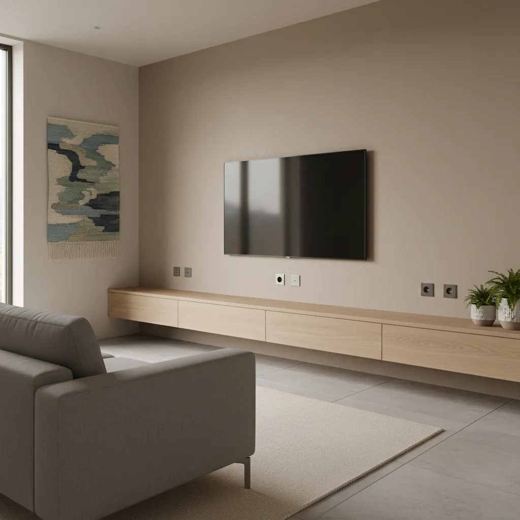 Pared de salón con varios enchufes instalados cerca de zona de televisión y sofá