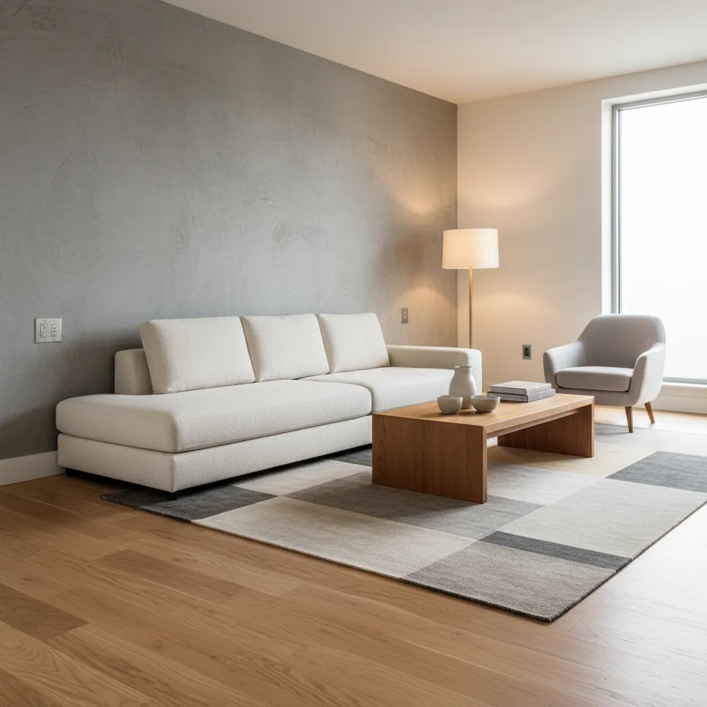 Salón con distribución correcta de enchufes cerca del sofá y muebles